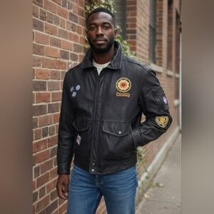 Vintage Cordovan Leather Black Men's Jacket with Patches Size 38 Bomber Coat